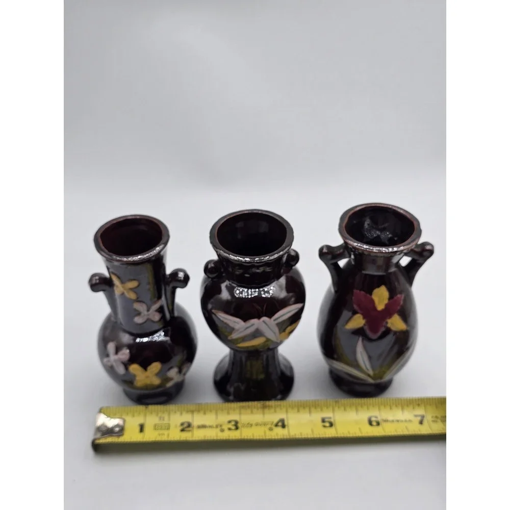 Vintage MCM Japan Miniature Bud Vase Set of 3 Dark Brown Floral Pottery 4